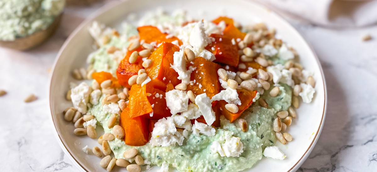 Lemon whipped cottage cheese topped with roasted Pumpkin