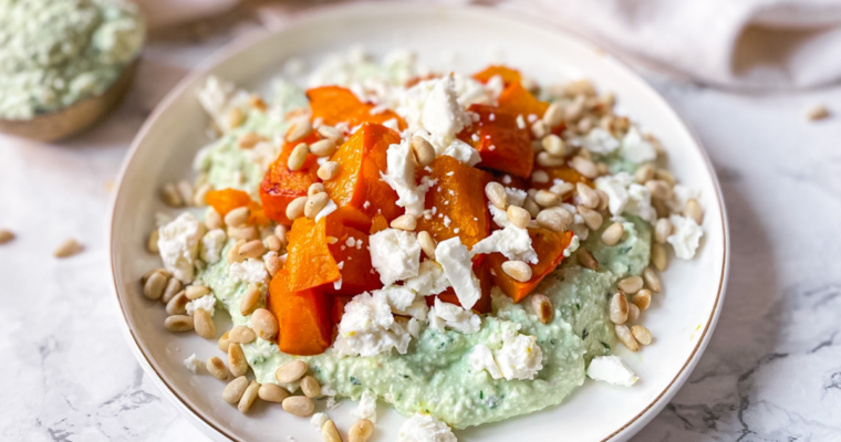 Lemon whipped cottage cheese topped with roasted Pumpkin